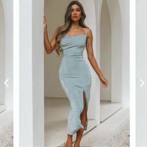 NWT FRIEDA COWL NECK FRONT SPLIT MIDI DRESS SAGE